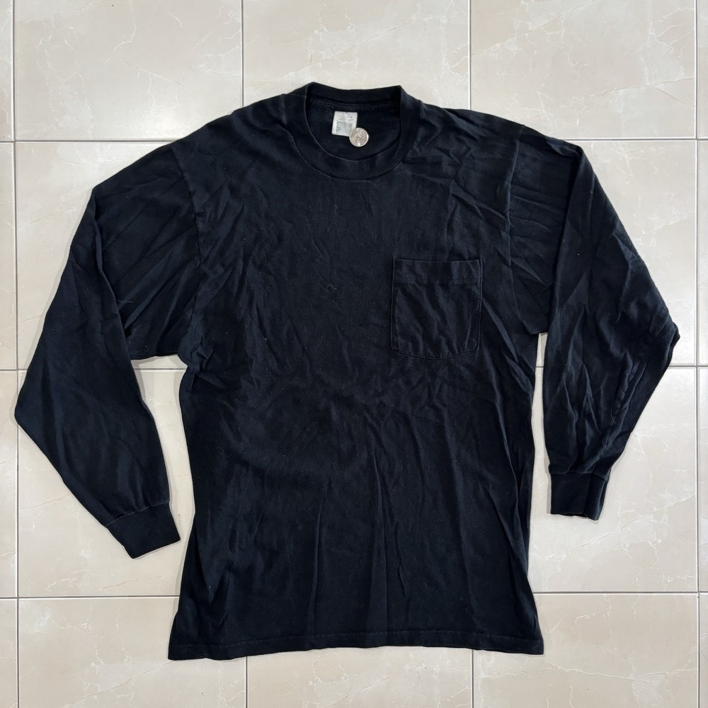 Vintage Blank T Shirt 80s Black Pocket Long Sleeve Fruit of The Loom Faded Skate